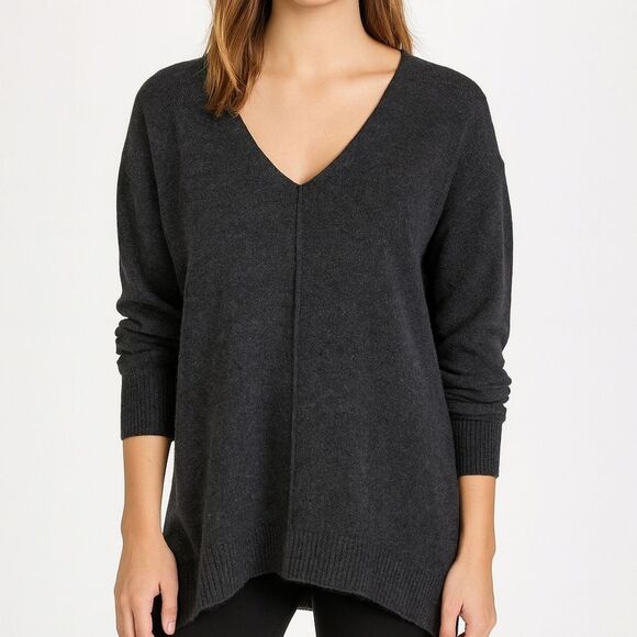 Sweater S Gray Oversized Wool Nylon Blend Middle Seam Vneck Pullover Vneck - Picture 1 of 8